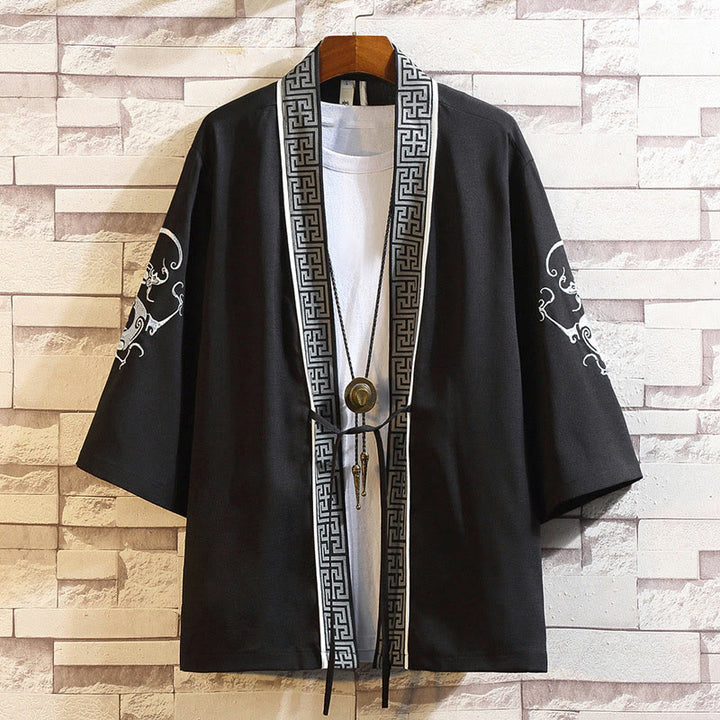 Chaqueta tipo kimono para hombre con bordado de Buddha Stones, dragón, fénix, nubes auspiciosas, olas, hojas y grullas. - Rayas de dragón blancas-negras - US/UK/AU46, EU56 (5XL) - image 0