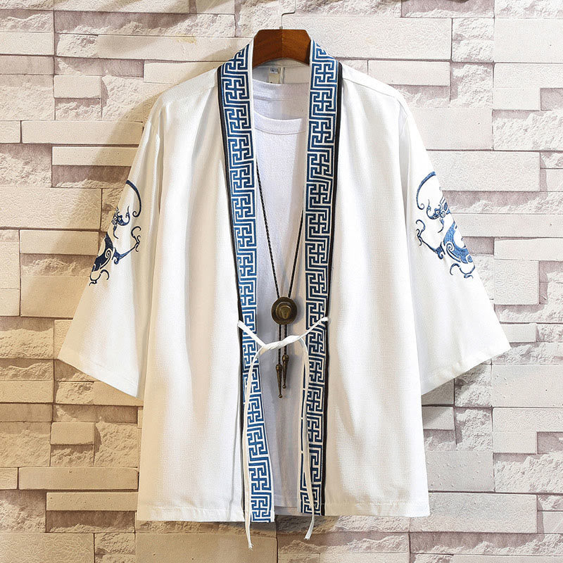 Chaqueta tipo kimono para hombre con bordado de Buddha Stones, dragón, fénix, nubes auspiciosas, olas, hojas y grullas. - Rayas de dragón blanco-blanco - US/UK/AU46, EU56 (5XL) - image 3