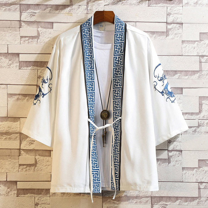 Chaqueta tipo kimono para hombre con bordado de Buddha Stones, dragón, fénix, nubes auspiciosas, olas, hojas y grullas. - Rayas de dragón blanco-blanco - US/UK/AU46, EU56 (5XL) - image 3