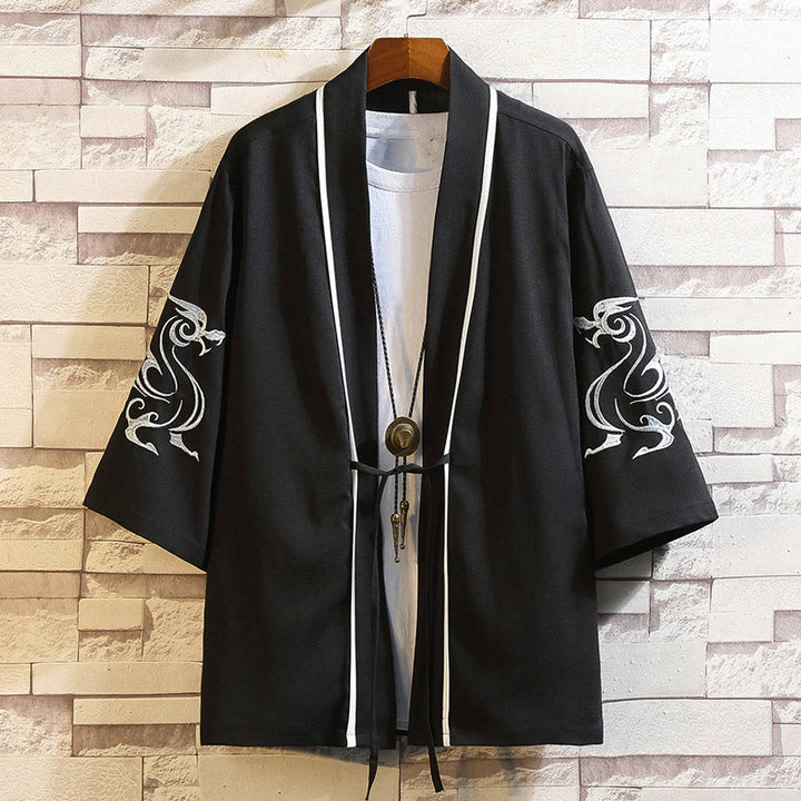 Chaqueta tipo kimono para hombre con bordado de Buddha Stones, dragón, fénix, nubes auspiciosas, olas, hojas y grullas. - Dragón Blanco-Negro - US/UK/AU46, EU56 (5XL) - image 6