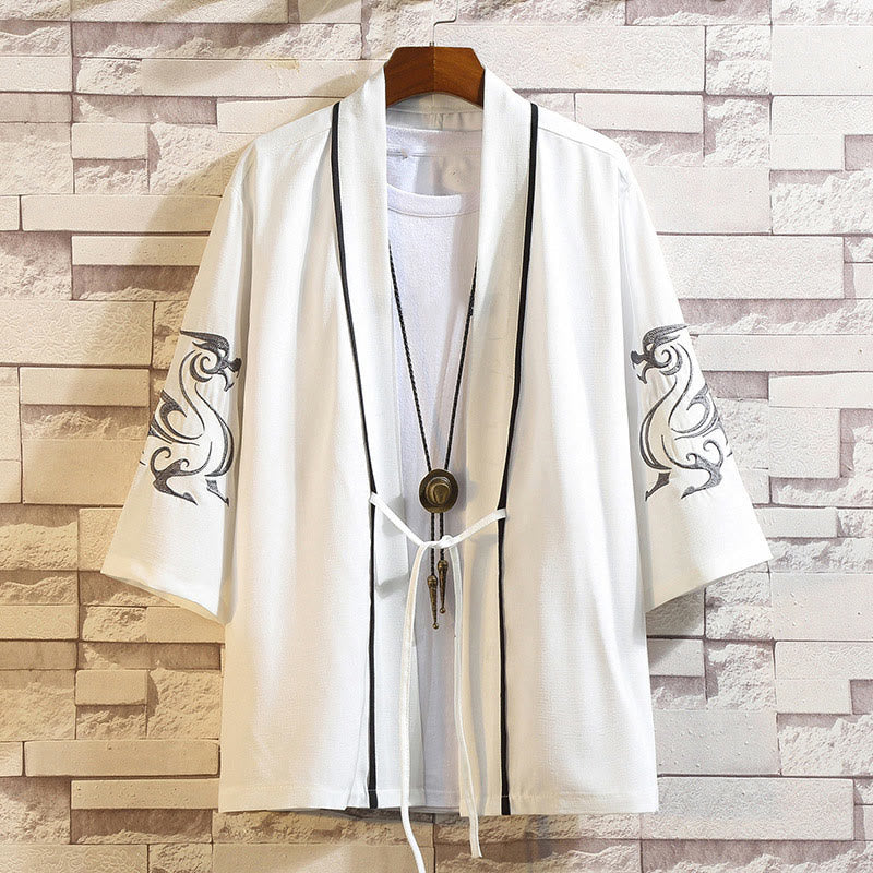 Chaqueta tipo kimono para hombre con bordado de Buddha Stones, dragón, fénix, nubes auspiciosas, olas, hojas y grullas. - Dragón Blanco-Blanco - US/UK/AU46, EU56 (5XL) - image 8