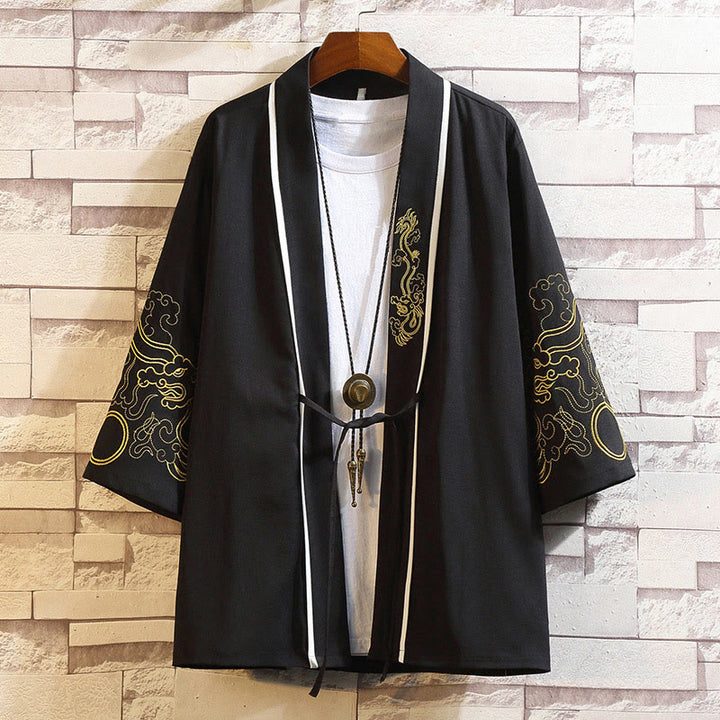 Chaqueta tipo kimono para hombre con bordado de Buddha Stones, dragón, fénix, nubes auspiciosas, olas, hojas y grullas. - Nubes auspiciosas del Dragón Dorado - Negro - US/UK/AU46, EU56 (5XL) - image 10