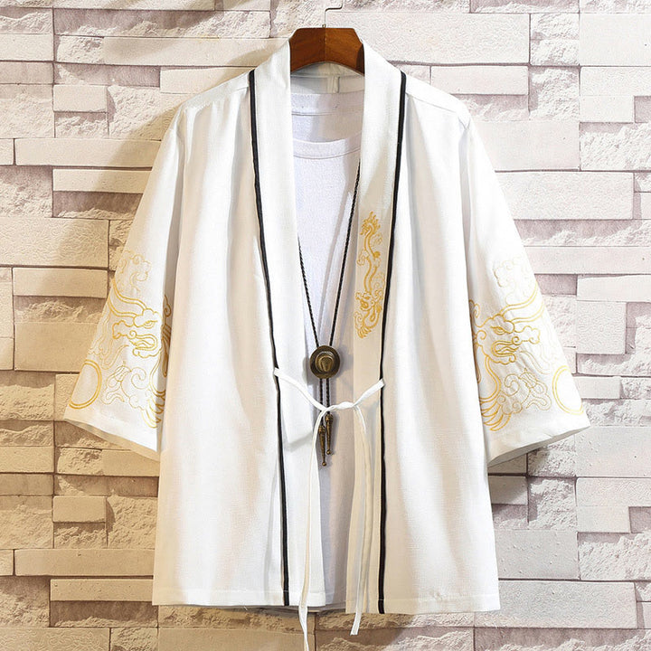 Chaqueta tipo kimono para hombre con bordado de Buddha Stones, dragón, fénix, nubes auspiciosas, olas, hojas y grullas. - Nubes Auspiciosas del Dragón Dorado - Blanco - US/UK/AU46, EU56 (5XL) - image 12
