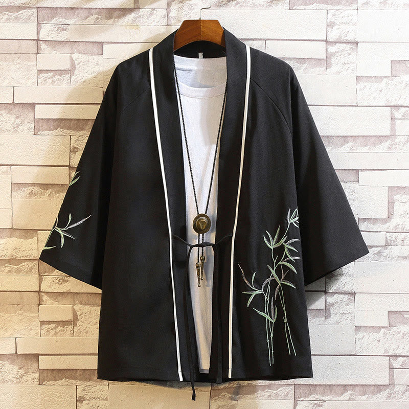 Chaqueta tipo kimono para hombre con bordado de Buddha Stones, dragón, fénix, nubes auspiciosas, olas, hojas y grullas. - Hojas negras - US/UK/AU46, EU56 (5XL) - image 14