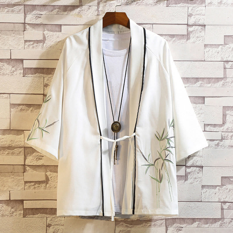 Chaqueta tipo kimono para hombre con bordado de Buddha Stones, dragón, fénix, nubes auspiciosas, olas, hojas y grullas. - Hojas blancas - US/UK/AU46, EU56 (5XL) - image 16