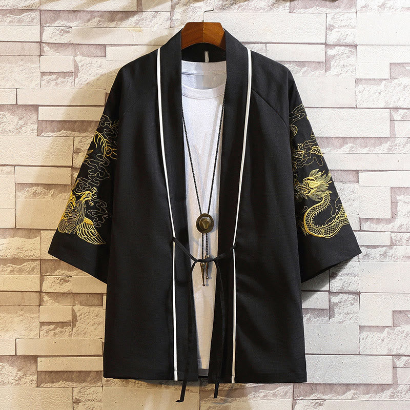 Chaqueta tipo kimono para hombre con bordado de Buddha Stones, dragón, fénix, nubes auspiciosas, olas, hojas y grullas. - Dragón Dorado Fénix Negro - US/UK/AU46, EU56 (5XL) - image 18