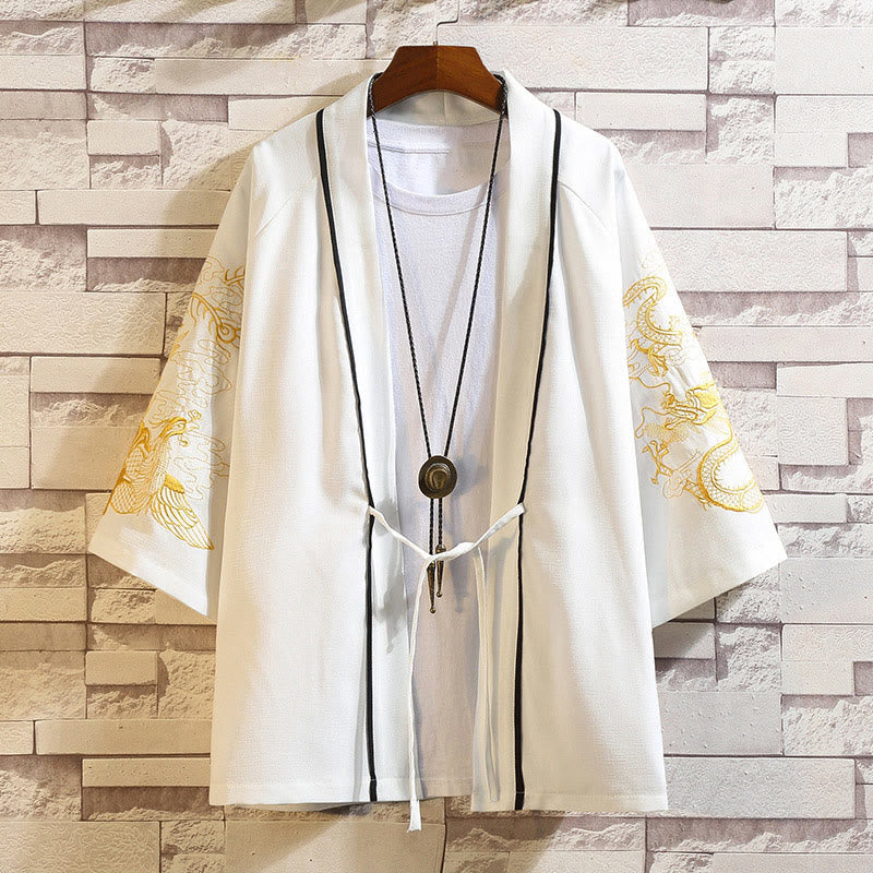 Chaqueta tipo kimono para hombre con bordado de Buddha Stones, dragón, fénix, nubes auspiciosas, olas, hojas y grullas. - Dragón Dorado Fénix Blanco - US/UK/AU46, EU56 (5XL) - image 20