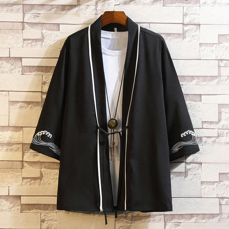 Chaqueta tipo kimono para hombre con bordado de Buddha Stones, dragón, fénix, nubes auspiciosas, olas, hojas y grullas. - Olas del océano - Negro - US/UK/AU46, EU56 (5XL) - image 37