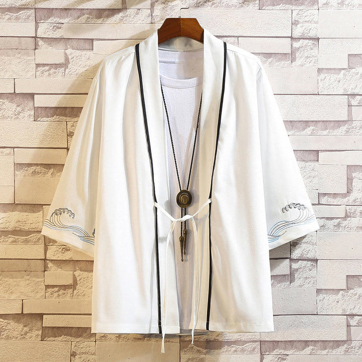 Chaqueta tipo kimono para hombre con bordado de Buddha Stones, dragón, fénix, nubes auspiciosas, olas, hojas y grullas. - Olas del océano - Blancas - US/UK/AU46, EU56 (5XL) - image 39