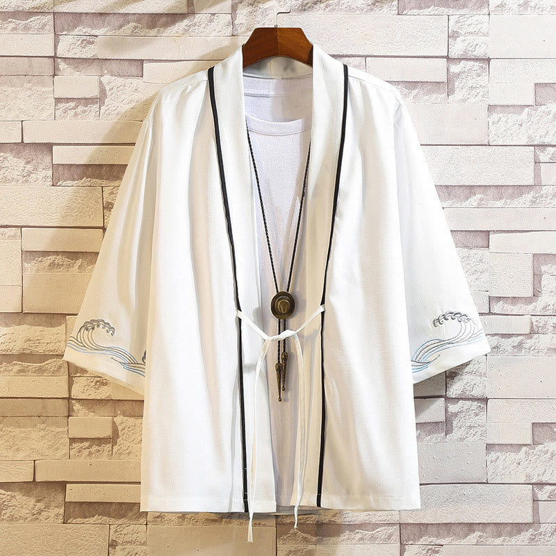 Chaqueta tipo kimono para hombre con bordado de Buddha Stones, dragón, fénix, nubes auspiciosas, olas, hojas y grullas. - Olas del océano - Blanco - US/UK/AU46, EU56 (5XL) - image 39