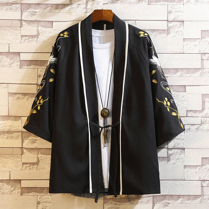 Chaqueta tipo kimono para hombre con bordado de Buddha Stones, dragón, fénix, nubes auspiciosas, olas, hojas y grullas. - Grulla blanca-negra - US/UK/AU46, EU56 (5XL) - image 41