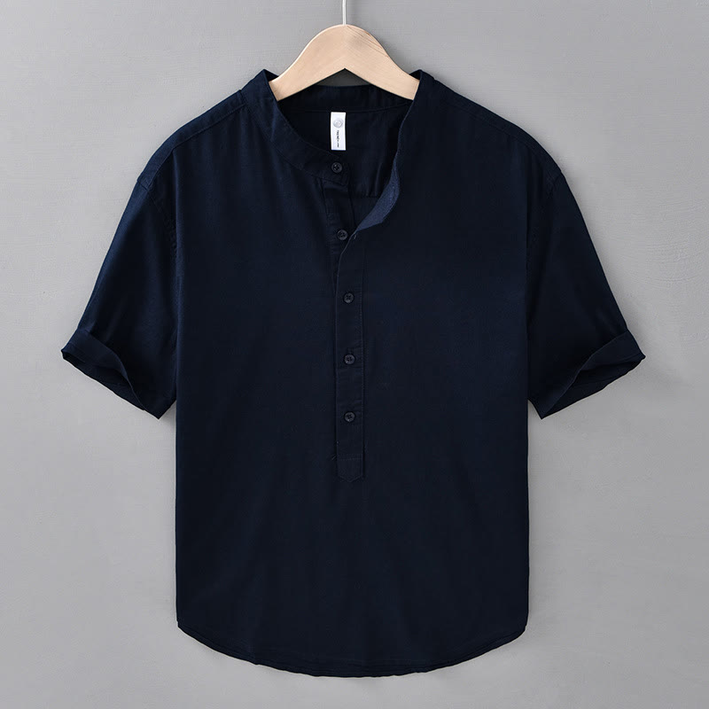 Camisa de lino y algodón de manga corta con botones y estampado de Buddha Stones para hombre, color liso, de verano - Azul medianoche - US/UK/AU42, EU52 (3XL) - image 15