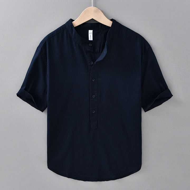 Camisa de lino y algodón de manga corta con botones y estampado de Buddha Stones para hombre, color liso, de verano - Azul medianoche - US/UK/AU42, EU52 (3XL) - image 15