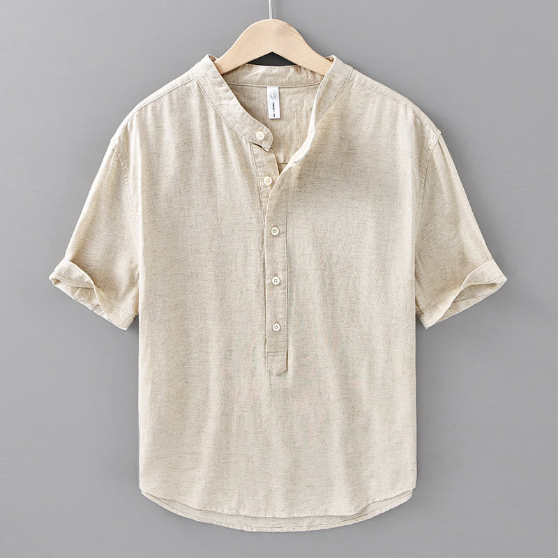 Camisa de lino y algodón de manga corta con botones y estampado de Buddha Stones para hombre, color liso, de verano - Lino - US/UK/AU42, EU52 (3XL) - image 0