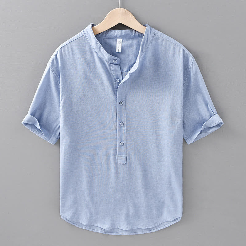 Camisa de lino y algodón de manga corta con botones y estampado de Buddha Stones para hombre, color liso, de verano - Azul acero claro - US/UK/AU42, EU52 (3XL) - image 13