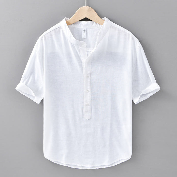 Camisa de lino y algodón de manga corta con botones y estampado de Buddha Stones para hombre, color liso, de verano - Blanco - US/UK/AU42, EU52 (3XL) - image 11