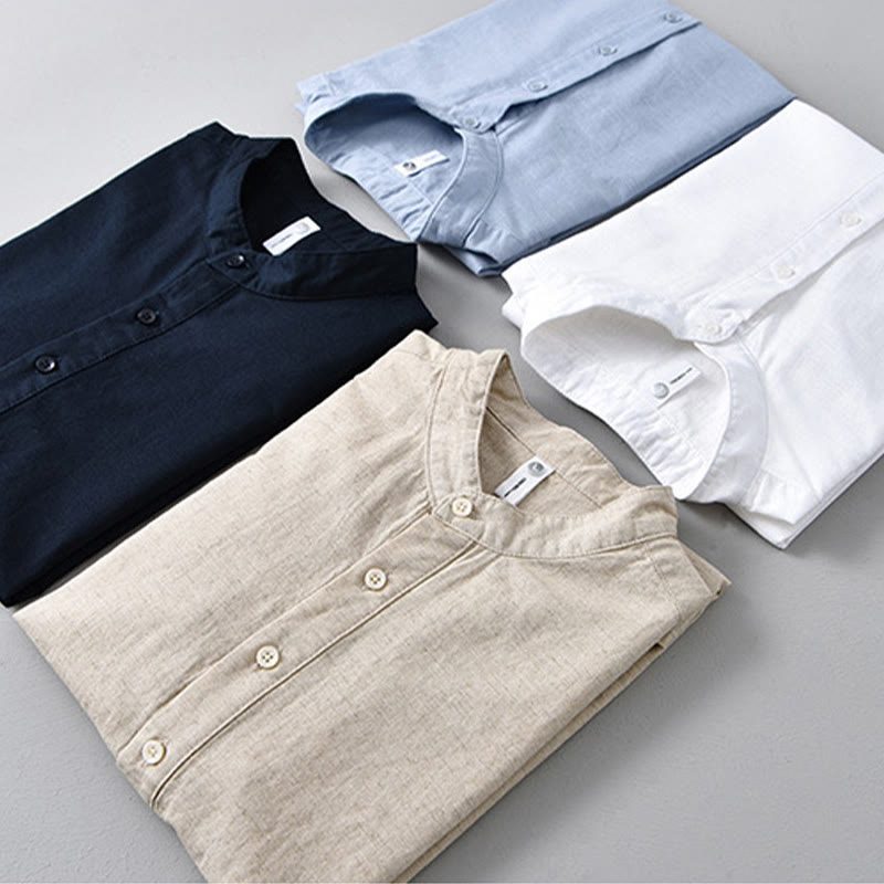 Camisa de lino y algodón de manga corta con botones y estampado de Buddha Stones para hombre, color liso, de verano - image 1