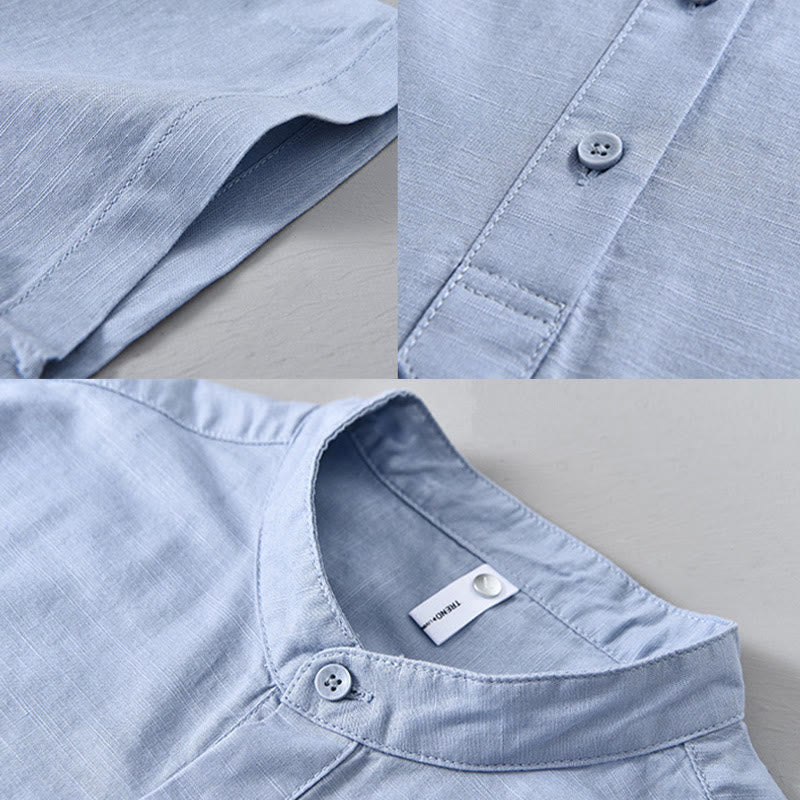 Camisa de lino y algodón de manga corta con botones y estampado de Buddha Stones para hombre, color liso, de verano - image 14