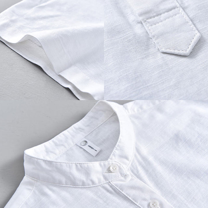 Camisa de lino y algodón de manga corta con botones y estampado de Buddha Stones para hombre, color liso, de verano - image 12