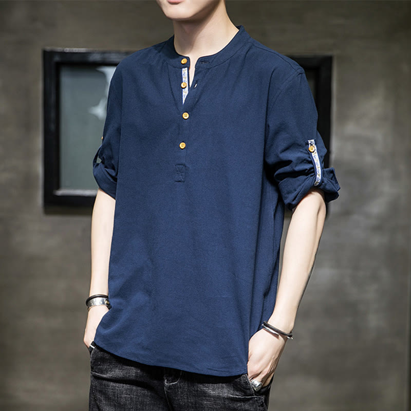 Camisa de lino de verano para hombre, con media manga y botones, de Buddha Stones - Azul acero - US/UK/AU46, EU56 (5XL) - image 17