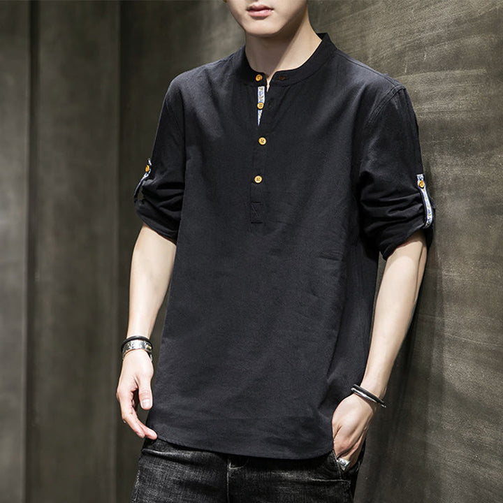 Camisa de lino de verano para hombre, con media manga y botones, de Buddha Stones - Negro - US/UK/AU46, EU56 (5XL) - image 8