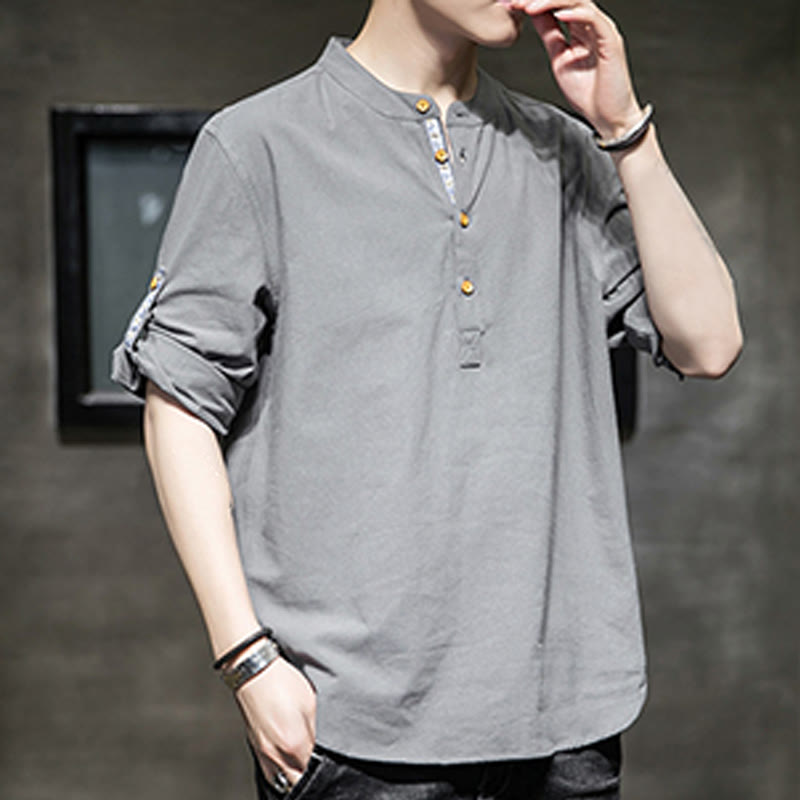 Camisa de lino de verano para hombre, con media manga y botones, de Buddha Stones - image 3