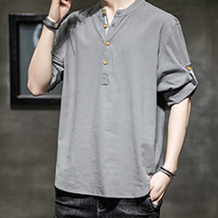 Camisa de lino de verano para hombre, con media manga y botones, de Buddha Stones - image 1