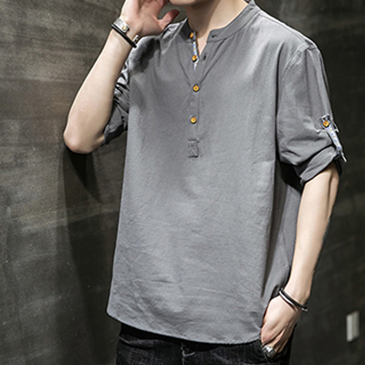 Camisa de lino de verano para hombre, con media manga y botones, de Buddha Stones - image 7