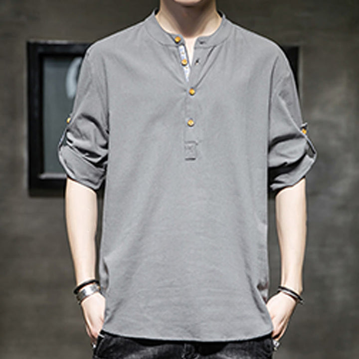 Camisa de lino de verano para hombre, con media manga y botones, de Buddha Stones - image 5