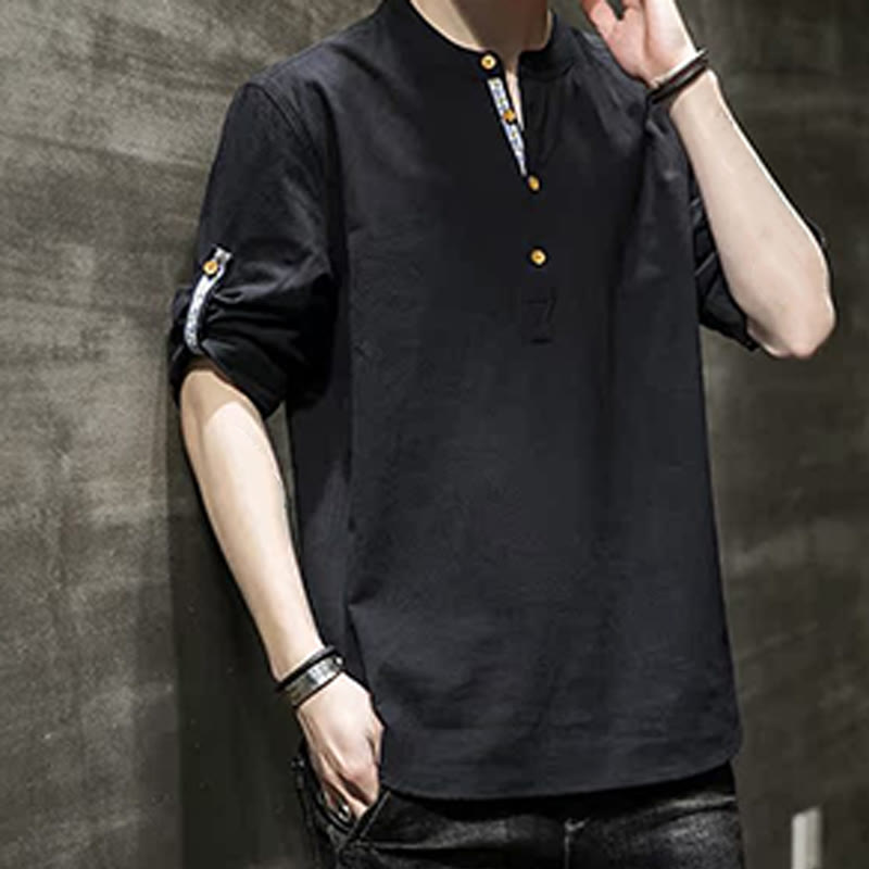 Camisa de lino de verano para hombre, con media manga y botones, de Buddha Stones - image 15