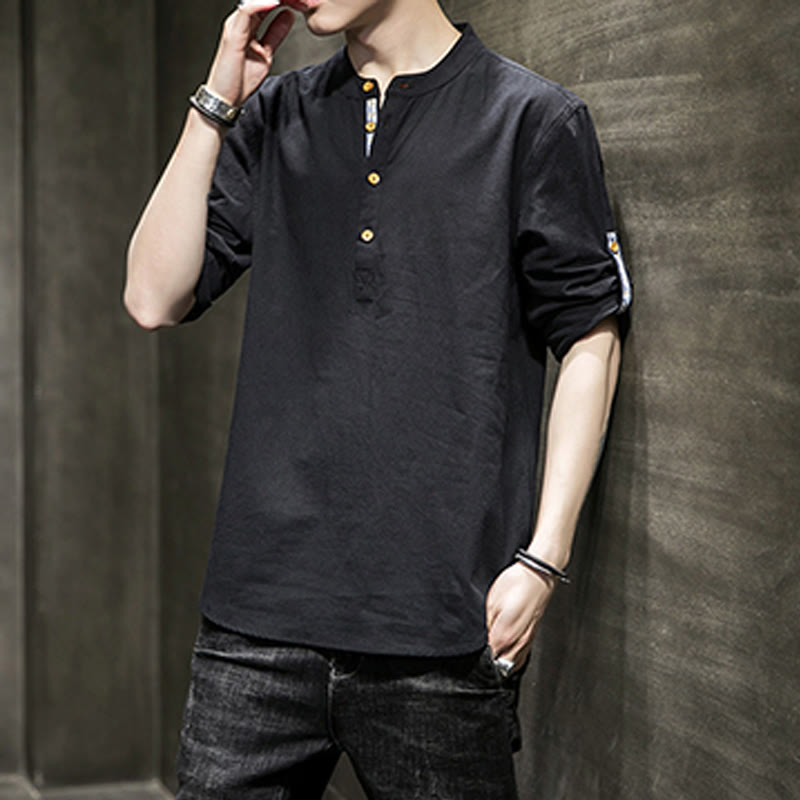 Camisa de lino de verano para hombre, con media manga y botones, de Buddha Stones - image 11