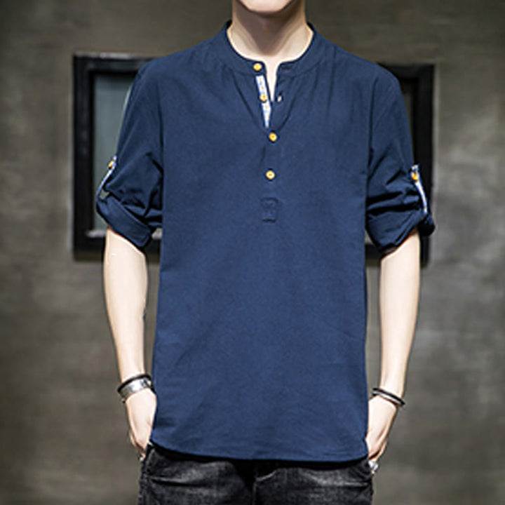 Camisa de lino de verano para hombre, con media manga y botones, de Buddha Stones - image 23