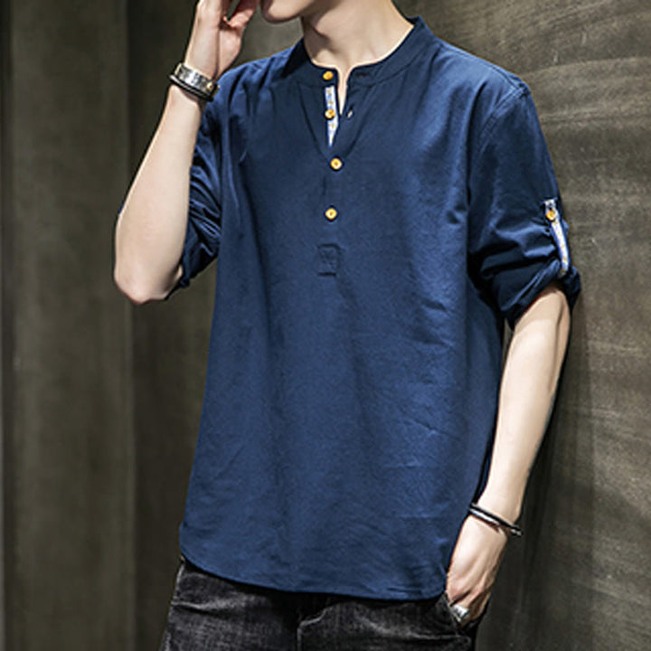 Camisa de lino de verano para hombre, con media manga y botones, de Buddha Stones - image 21