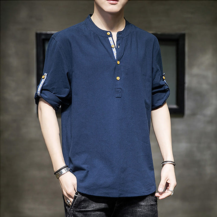 Camisa de lino de verano para hombre, con media manga y botones, de Buddha Stones - image 22