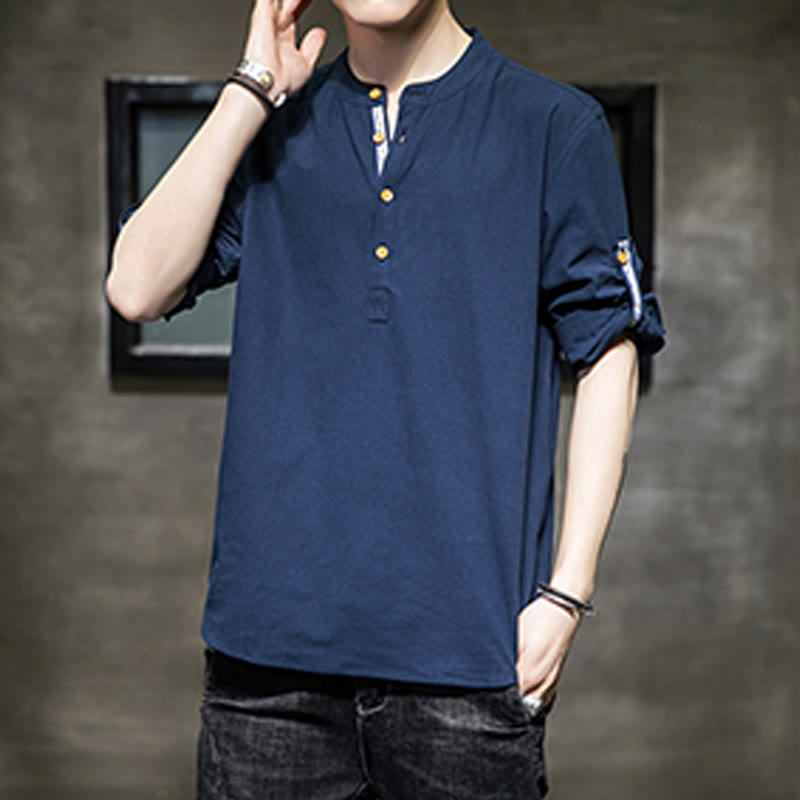 Camisa de lino de verano para hombre, con media manga y botones, de Buddha Stones - image 24