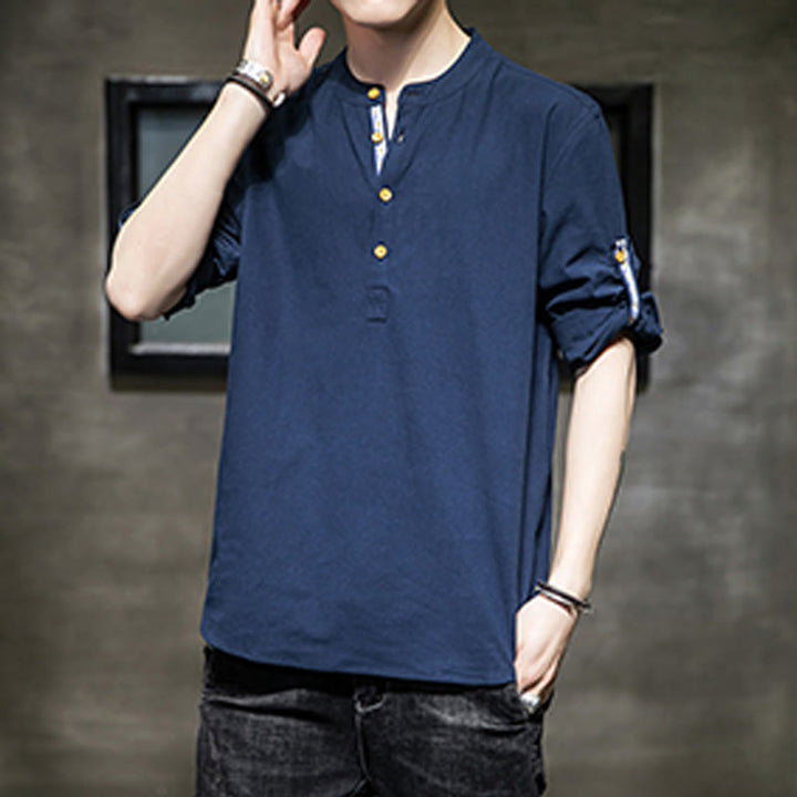 Camisa de lino de verano para hombre, con media manga y botones, de Buddha Stones - image 24