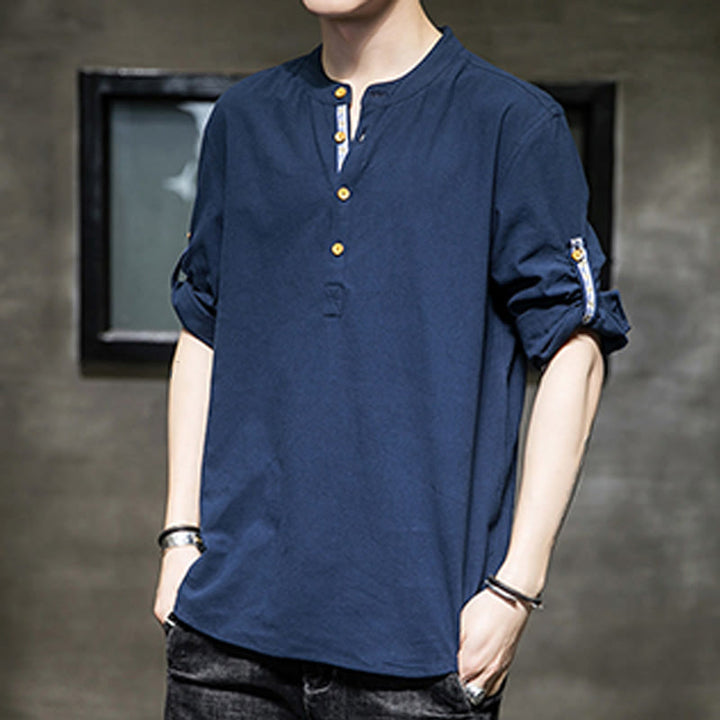 Camisa de lino de verano para hombre, con media manga y botones, de Buddha Stones - image 20