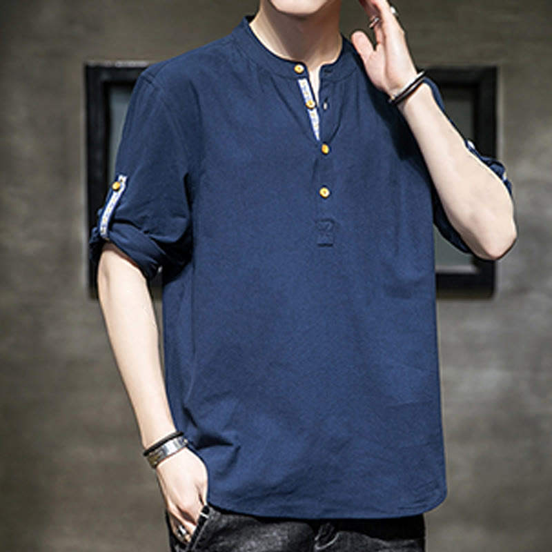 Camisa de lino de verano para hombre, con media manga y botones, de Buddha Stones - image 19