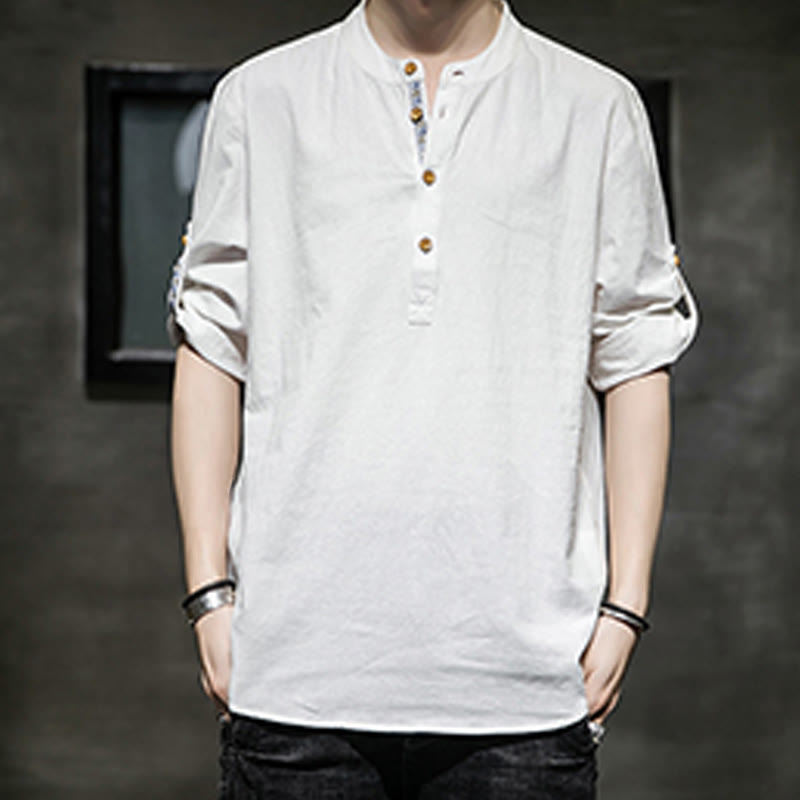 Camisa de lino de verano para hombre, con media manga y botones, de Buddha Stones - image 29