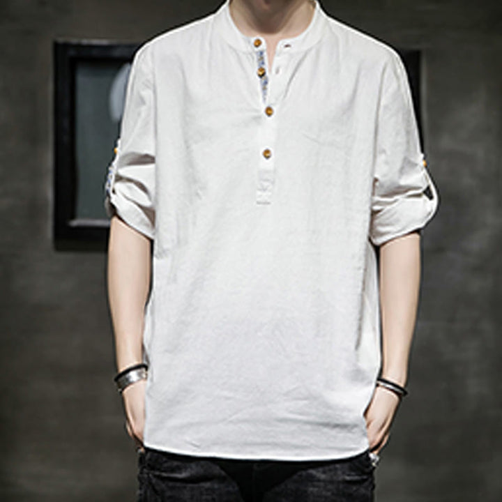 Camisa de lino de verano para hombre, con media manga y botones, de Buddha Stones - image 29