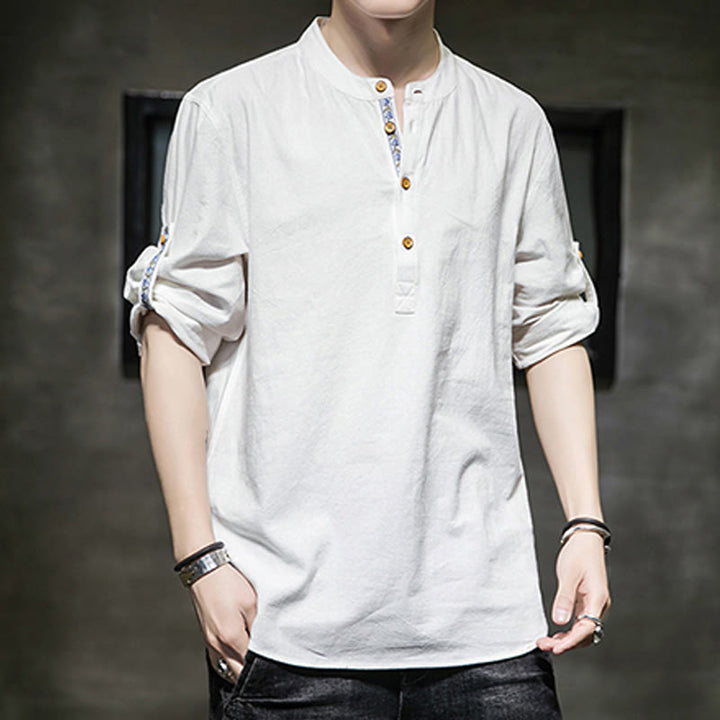 Camisa de lino de verano para hombre, con media manga y botones, de Buddha Stones - image 30