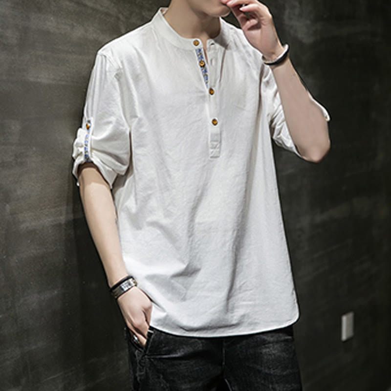 Camisa de lino de verano para hombre, con media manga y botones, de Buddha Stones - image 31