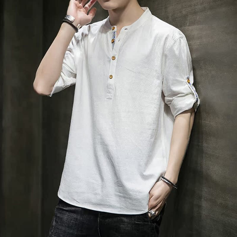 Camisa de lino de verano para hombre, con media manga y botones, de Buddha Stones - image 32
