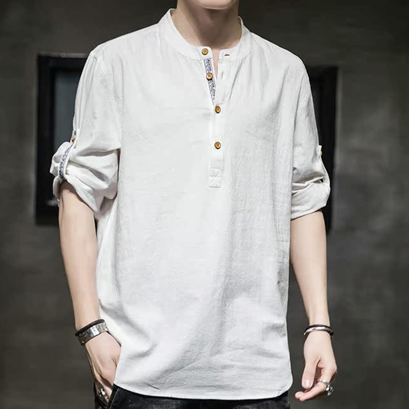 Camisa de lino de verano para hombre, con media manga y botones, de Buddha Stones - image 33