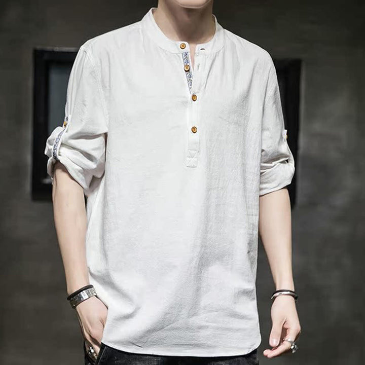 Camisa de lino de verano para hombre, con media manga y botones, de Buddha Stones - image 33
