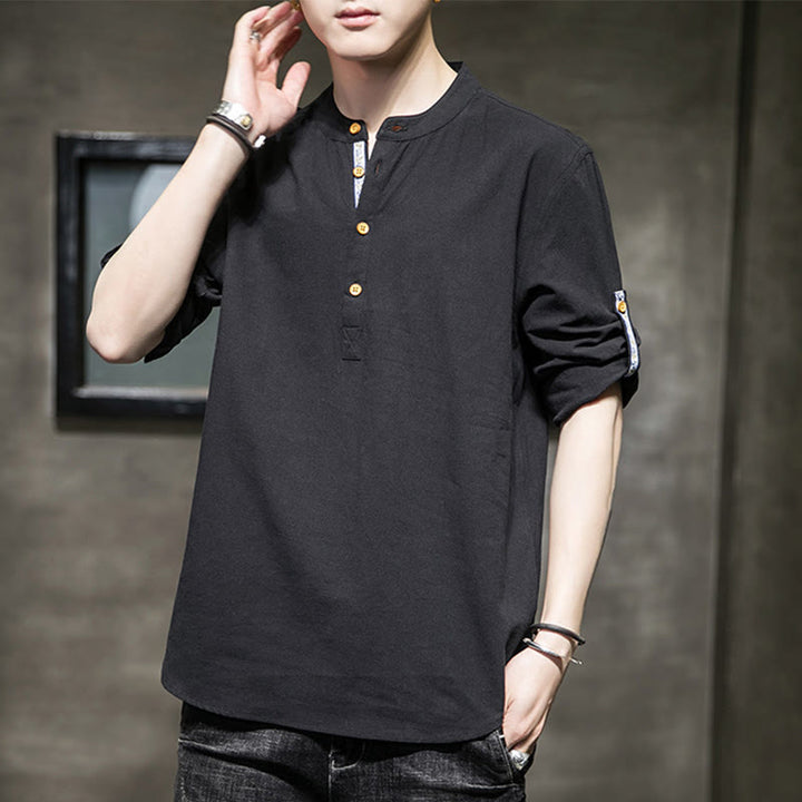 Camisa de lino de verano para hombre, con media manga y botones, de Buddha Stones - image 10