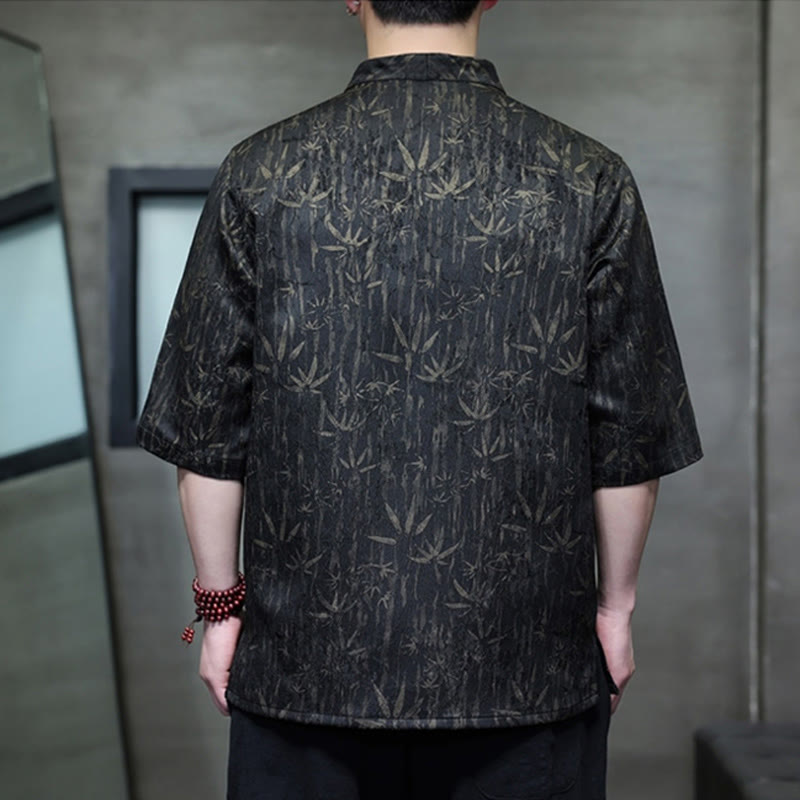 Camisa de lino de media manga para hombre con estampado de bambú dorado jacquard de verano Buddha Stones - image 1