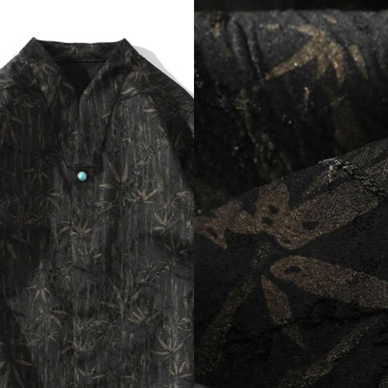 Camisa de lino de media manga para hombre con estampado de bambú dorado jacquard de verano Buddha Stones - image 4