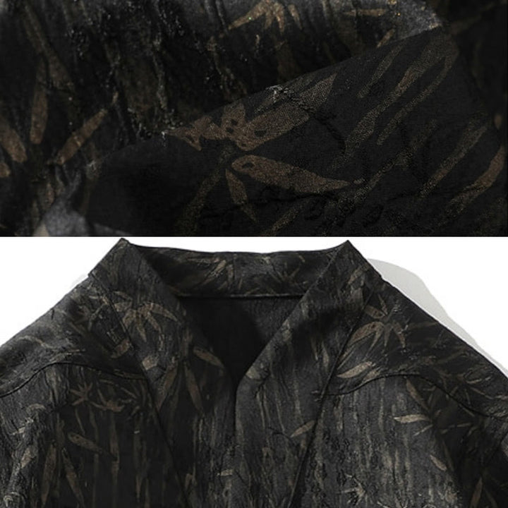 Camisa de lino de media manga para hombre con estampado de bambú dorado jacquard de verano Buddha Stones - image 5