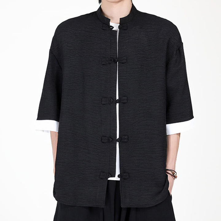 Camisa de manga corta para hombre con diseño de botones de rana y traje Tang liso con Buddha Stones - Negro - US/UK/AU46, EU56 (5XL) - image 7